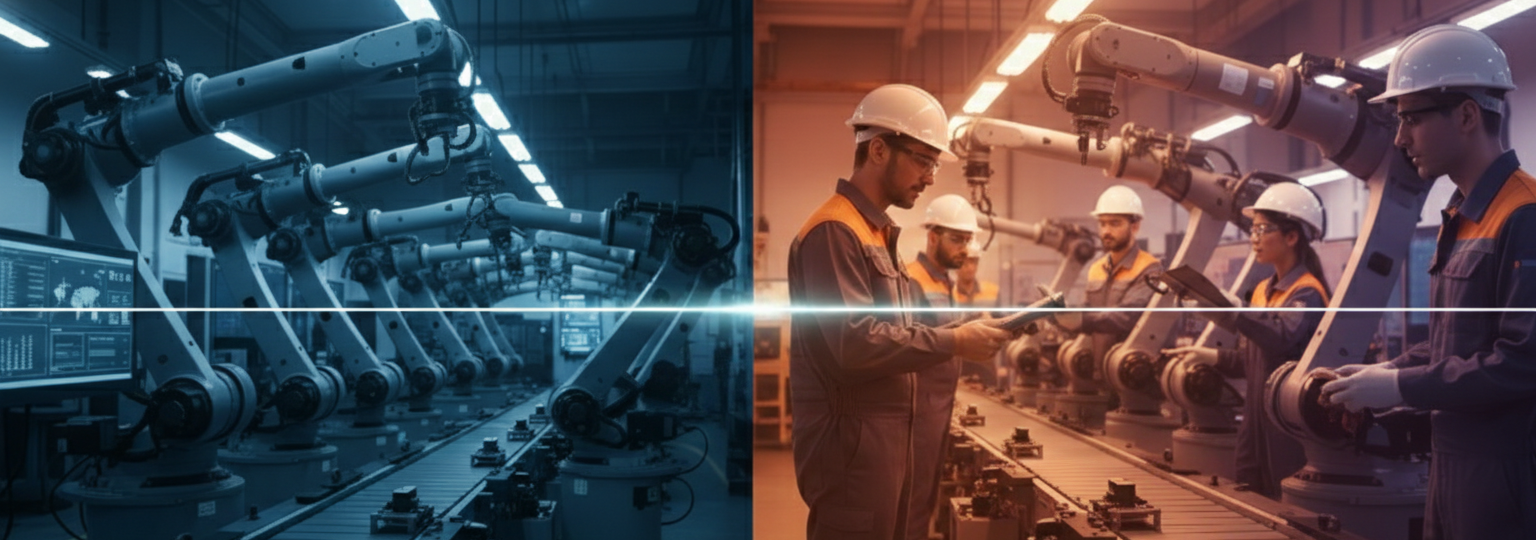 Human hand interacting with digital interface in factory